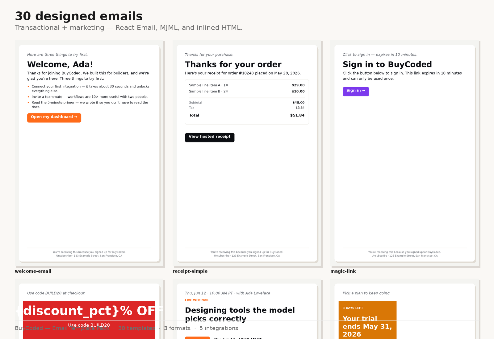 Email Template Pack — 30 Transactional & Marketing Templates